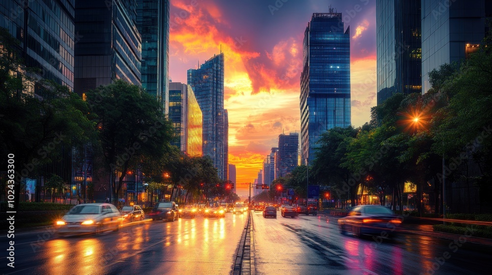 Obraz premium Cityscape with Sunset and Traffic