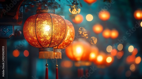 Traditional red lanterns glowing in the evening.