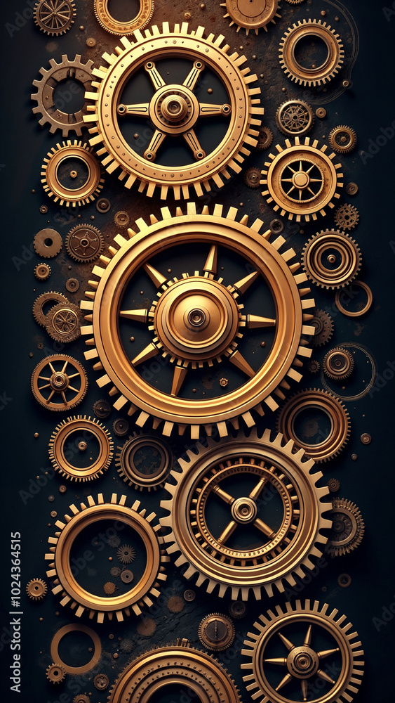 Gears and teeth in a dynamic arrangement, illuminated by warm light, showcasing mechanical beauty and innovation.