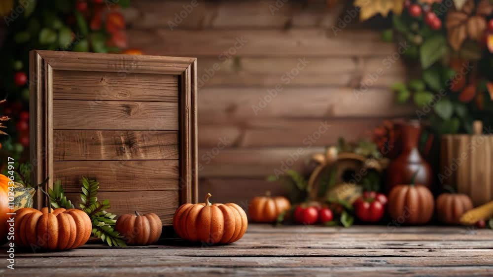 Rustic Autumn Still Life with Pumpkins, Wooden Frame, and Harvest Decorations on Wooden Table Rustic Autumn Still Life with Pumpkins, Wooden Frame, and Harvest Decorations on Wooden Table