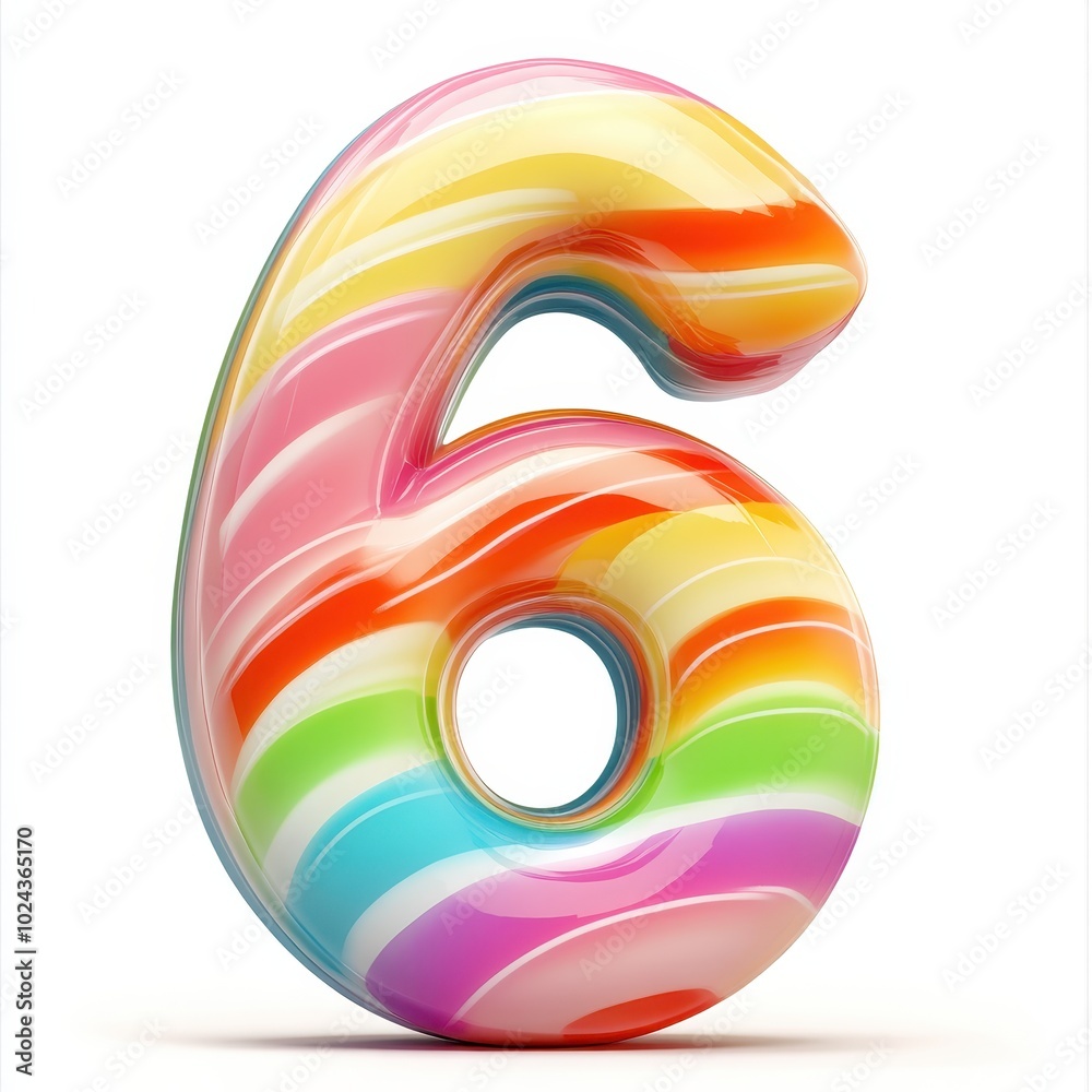 Obraz premium A colorful, glossy number six with a swirled candy-like design.