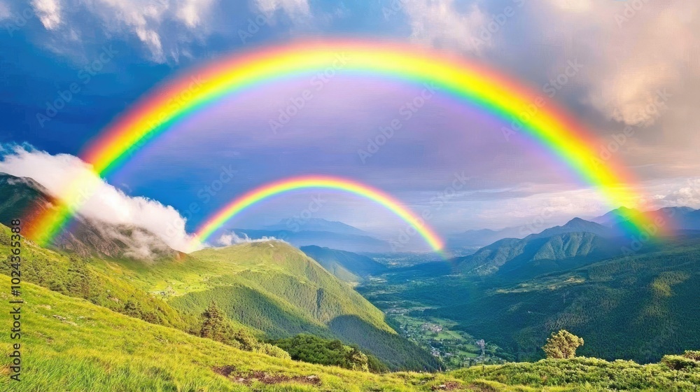 Obraz premium Dramatic Double Rainbow Over Lush Green Hills