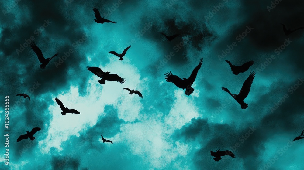 Fototapeta premium Flock of Birds Against Dramatic Sky Background