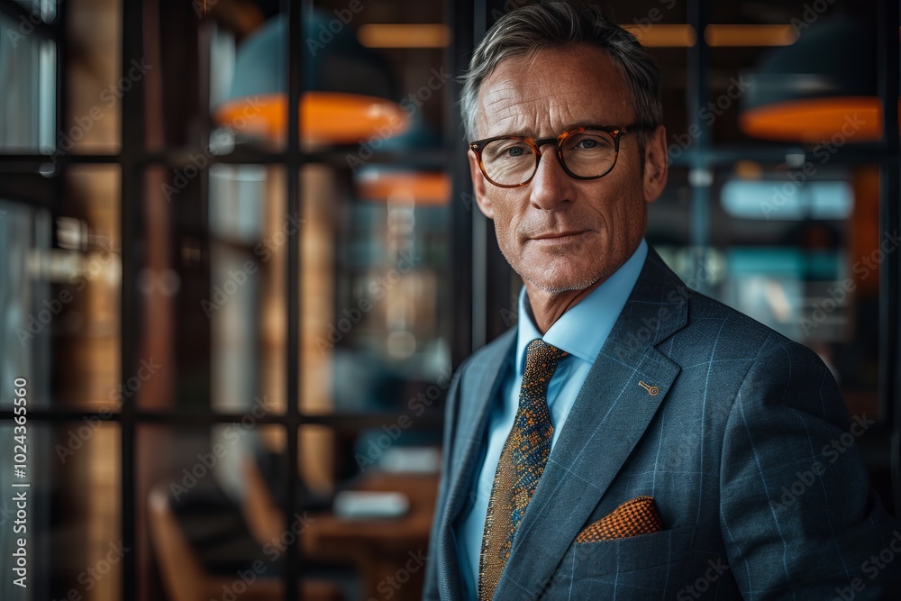 Fototapeta premium Successful mature businessman in formal suit confidently looking at camera, exemplifying leadership and professionalism in the corporate world
