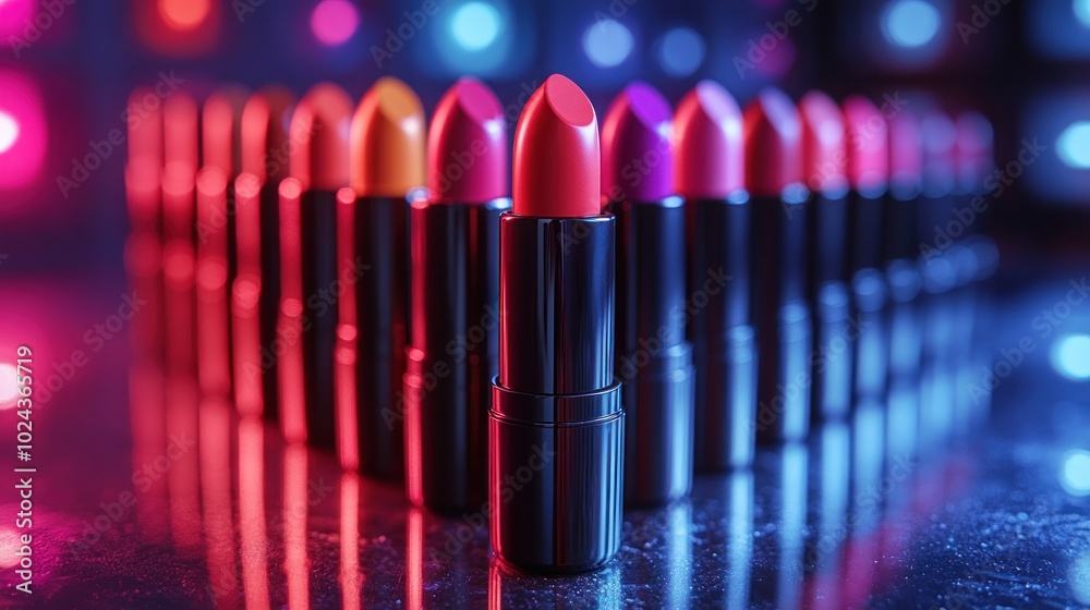 A row of colorful lipsticks arranged in a triangular pattern on a reflective surface with neon lighting. A row of colorful lipsticks arranged in a triangular pattern on a reflective surface with neon lighting.