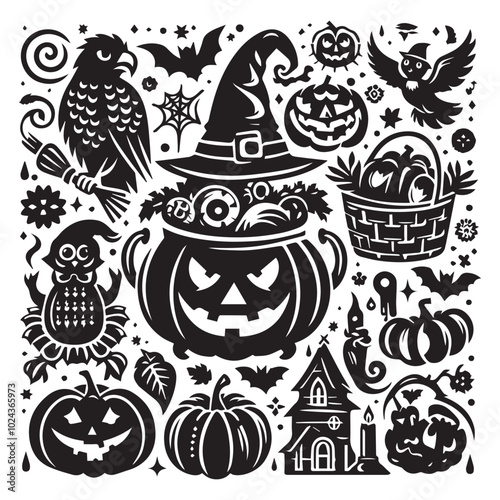 Halloween-themed clip art featuring pumpkins, ghosts, bats, and spooky decorations