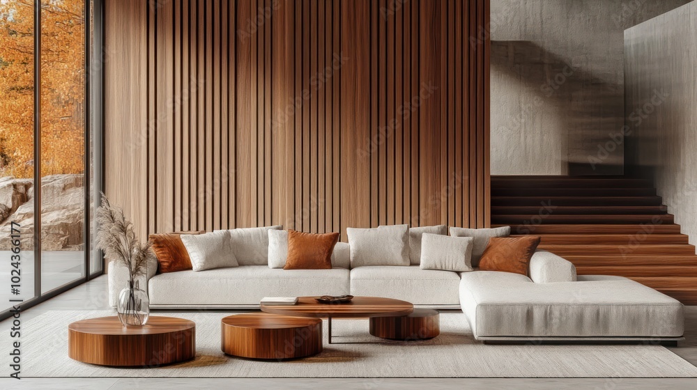 Modern Living Room with a Wooden Wall and a Sectional Sofa Modern Living Room with a Wooden Wall and a Sectional Sofa