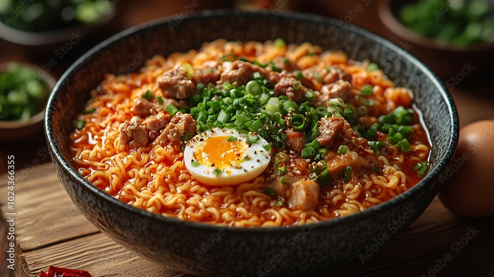 A bowl of spicy ramen noodles with pork, egg, and green onions. A bowl of spicy ramen noodles with pork, egg, and green onions.