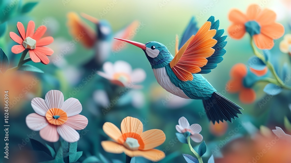 Multilayered paper cut origami hummingbirds hovering around flowers, creating a dynamic, natureinspired decoration, paper cut hummingbird, origami nature craft Multilayered paper cut origami hummingbirds hovering around flowers, creating a dynamic, natureinspired decoration, paper cut hummingbird, origami nature craft