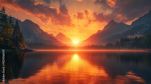 A beautiful sunset over a lake with mountains in the background