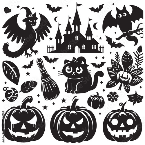 Halloween-themed clip art featuring pumpkins, ghosts, bats, and spooky decorations