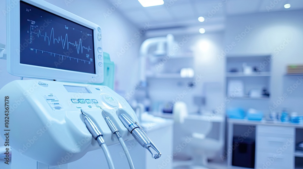 Dental Equipment with Monitor Displaying Heartbeat in a Dental Clinic Dental Equipment with Monitor Displaying Heartbeat in a Dental Clinic