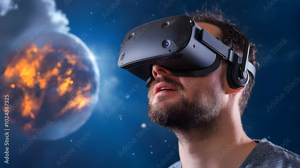Virtual Reality Headset User Exploring Immersive and Futuristic Digital Landscape Cutting Edge Technology Simulation and Visualization Concept Virtual Reality Headset User Exploring Immersive and Futuristic Digital Landscape Cutting Edge Technology Simulation and Visualization Concept