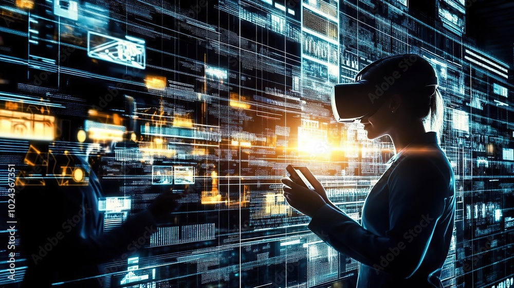 A person wearing a VR headset interacts with digital data in a futuristic environment. A person wearing a VR headset interacts with digital data in a futuristic environment.