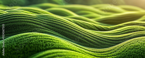 Green, grassy, sunlit hills with an abstract pattern of wavy lines blurred natural landscape background. 