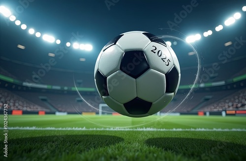 a soccer ball with the number 2025 flies into the goal on the football field. happy new 2025 year soccer themed, football background, sport concept, template, soccer field. 2025 new year sport concept
