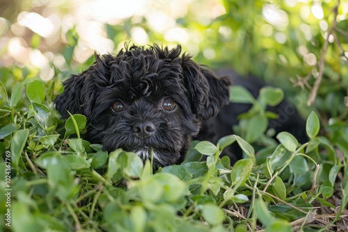 A curious black dog relaxing among the lush green foliage in bright sunlight photo