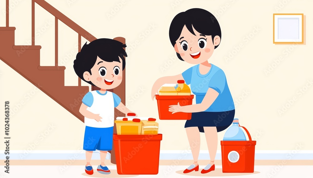 A cute cartoon of a family storing emergency food and water in their basement, illustrating preparedness A cute cartoon of a family storing emergency food and water in their basement, illustrating preparedness