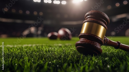 Legal gavel and football on a stadium grass field under spotlight, representing justice and fairness in professional sports. Suitable for law firm branding photo