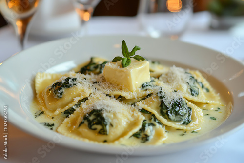 Fresh spinach ravioli with creamy sauce photo