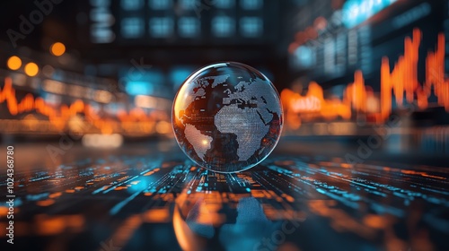 Wallpaper Mural Blurred background of stock market charts with a hologram of a glowing glass globe icon on the table. Concept for global business, finances Torontodigital.ca