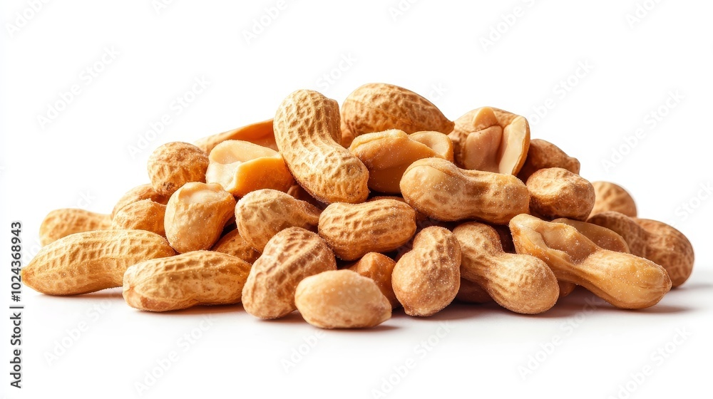 Macro shot of a pile of roasted salted peanuts on white, perfect for commercial use, smooth surface contrast and natural color tones, isolated food stock photo Macro shot of a pile of roasted salted peanuts on white, perfect for commercial use, smooth surface contrast and natural color tones, isolated food stock photo