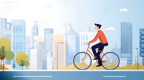 of a person riding a bicycle on an urban city street in a flat minimalist design style  The cyclist is navigating the transportation infrastructure of the modern metropolitan environment photo