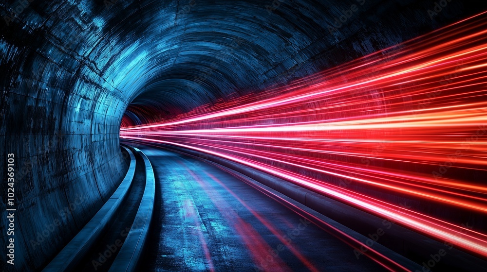 Neon-lit tunnel with speeding cars, creating a mesmerizing trail of light and color against the dark, futuristic backdrop Neon-lit tunnel with speeding cars, creating a mesmerizing trail of light and color against the dark, futuristic backdrop