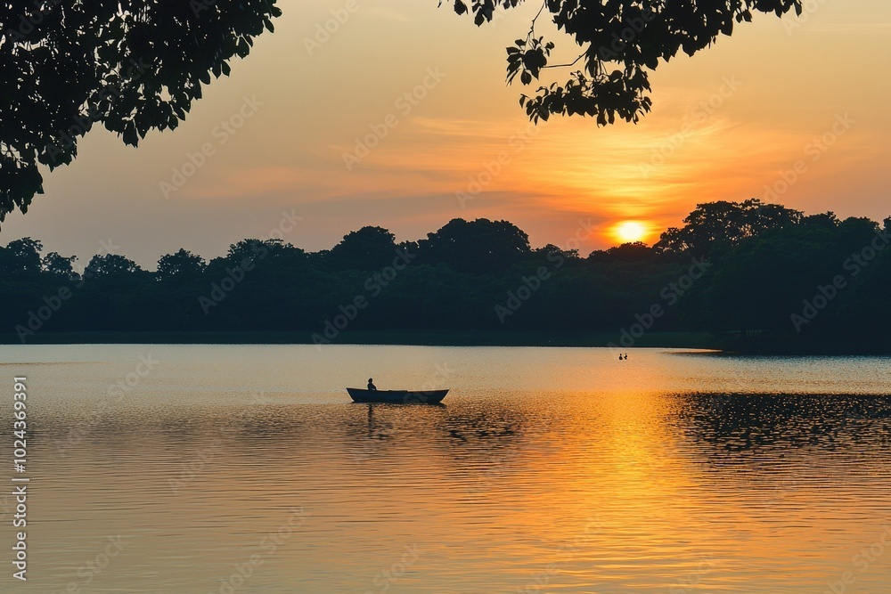 A tranquil sunset over a serene lake with a solitary boat gliding across calm waters