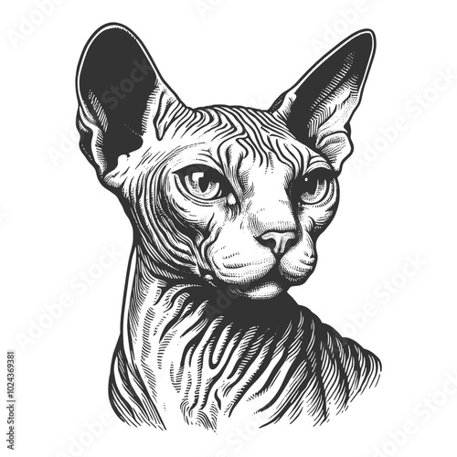 Sphynx cat, showcasing its distinctive hairless body and large ears, in a vintage style sketch engraving generative ai vector illustration. Scratch board imitation. Black and white image. photo