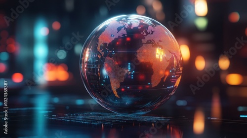 A glowing globe depicting a digital world map with vibrant colors and abstract lighting.