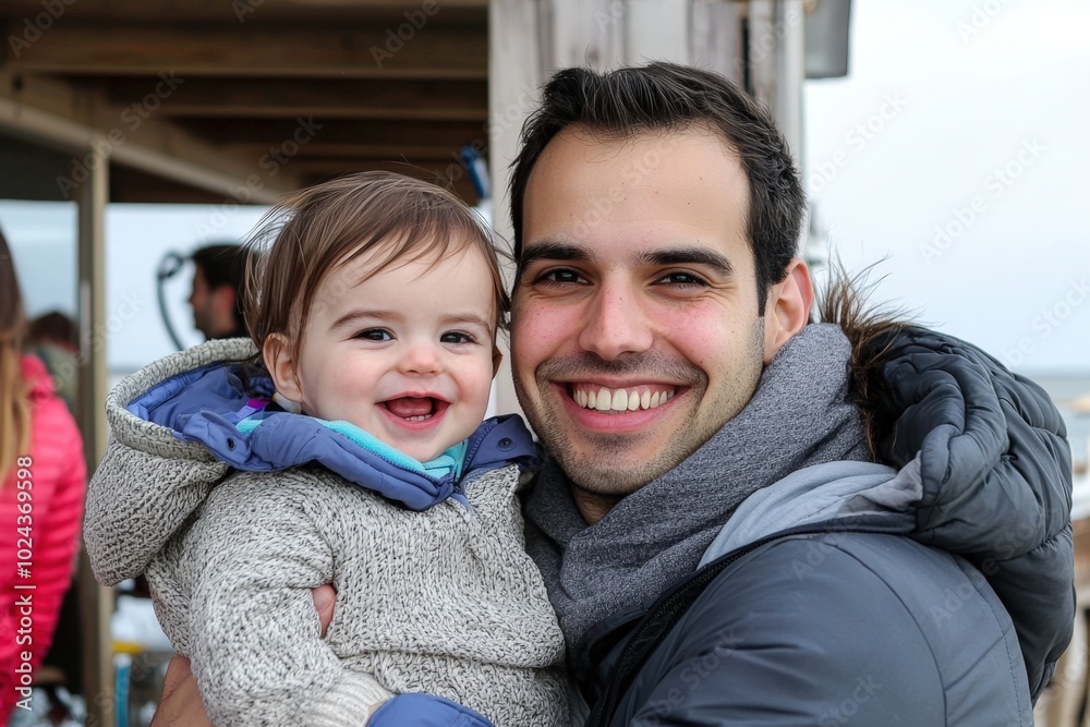 A joyful moment shared between a father and his smiling baby at a seaside pier on a chilly day