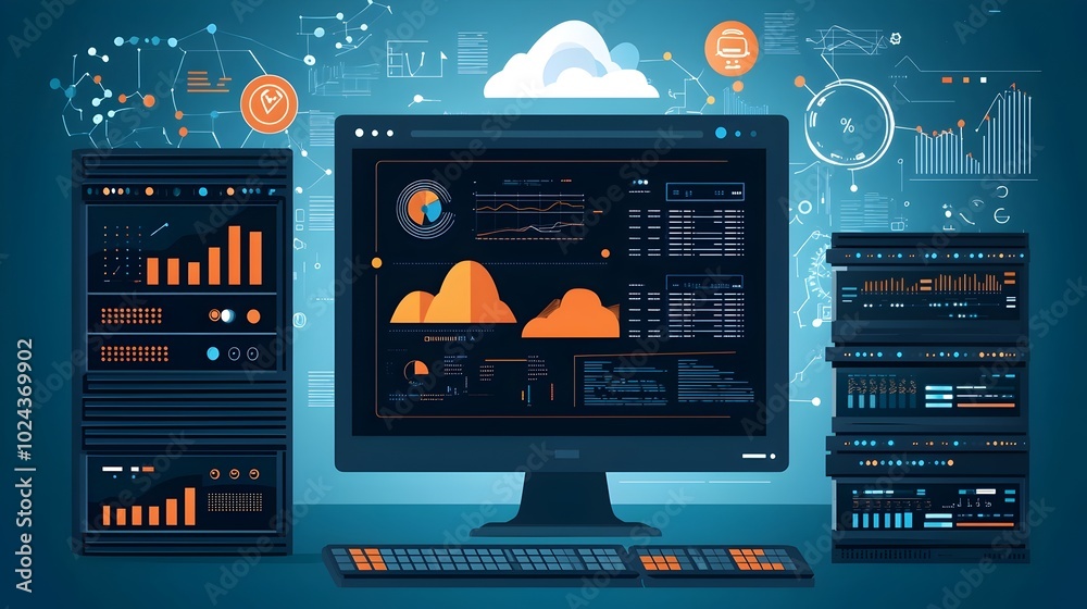 Streamlined Data Analysis and Server Infrastructure Visualization on Flat Design Efficient data management processing and insights for business and technology solutions Streamlined Data Analysis and Server Infrastructure Visualization on Flat Design Efficient data management processing and insights for business and technology solutions