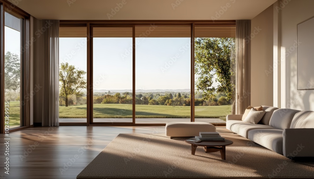 Fototapeta premium A spacious family room extension with sliding doors and glass walls, creating a seamless indoor-outdoor living space