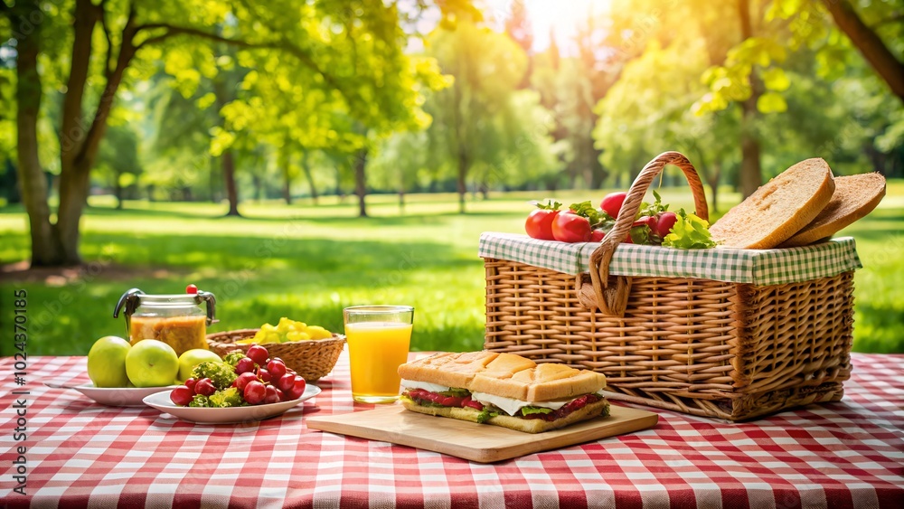 Picnic basket with fruits and vegetables, checkered tablecloth table set with a picnic basket. Picnic basket with fruits and vegetables, checkered tablecloth table set with a picnic basket.