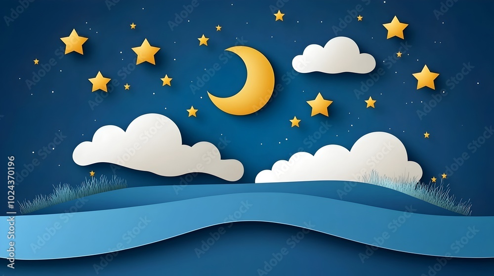 Naklejka premium Minimalist and serene of a night sky with glowing stars and a crescent moon in a flat abstract design style This peaceful atmospheric cosmic landscape can be used as a background