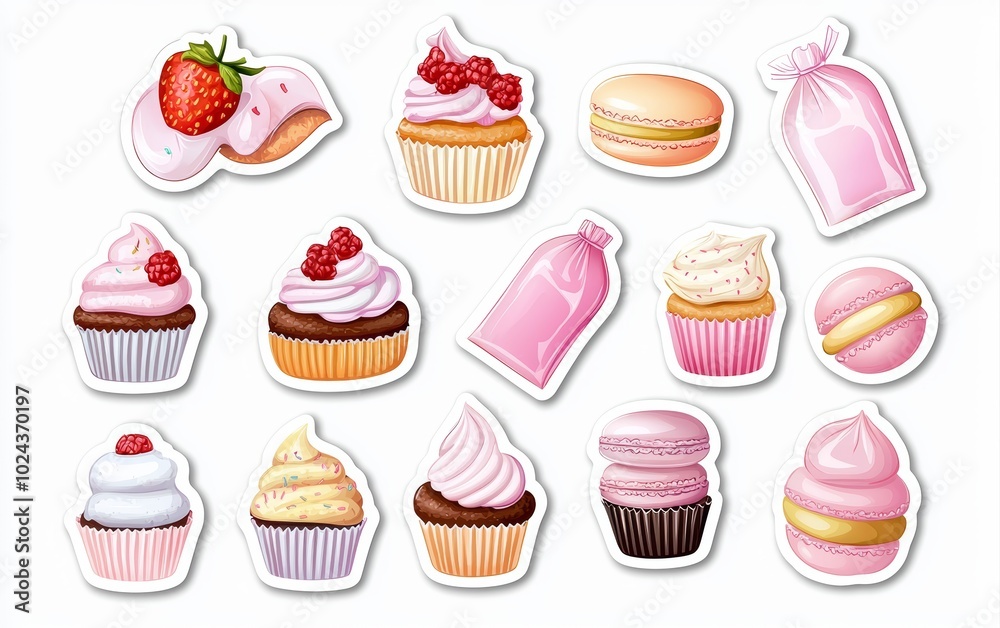 A sweet pastel sticker set featuring cupcakes, macaron towers, and frosting bags on a clean white background