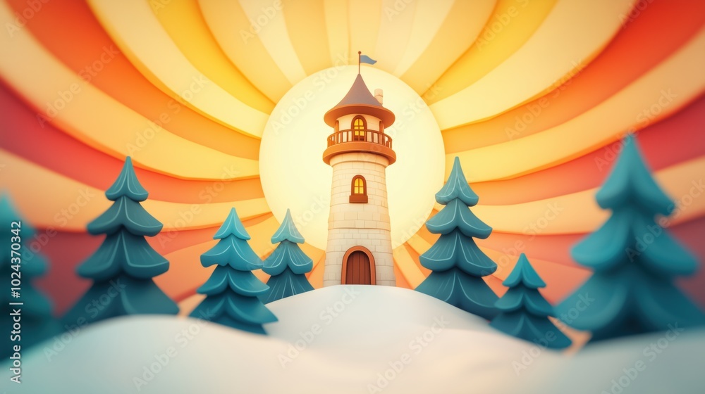 Fototapeta premium Dreamlike Stone Tower in Snowy Twilight