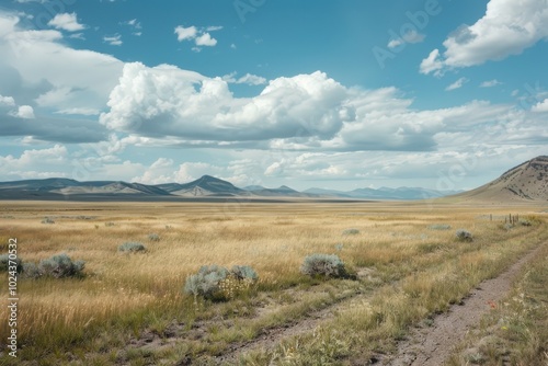 A vast, empty field with a dirt road running through it