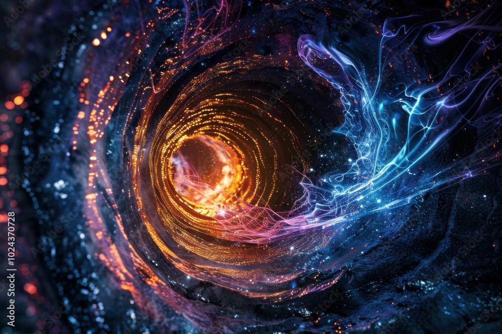 A spiral of light and color with a blue and orange swirl A spiral of light and color with a blue and orange swirl