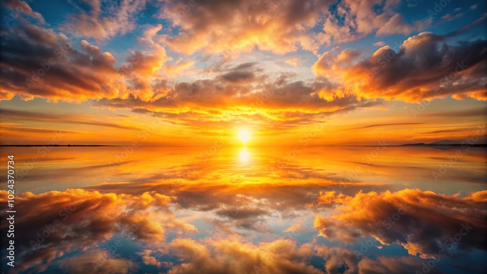 Symmetrical landscape at sunset with an orange sky, sun, and clouds Symmetrical landscape at sunset with an orange sky, sun, and clouds
