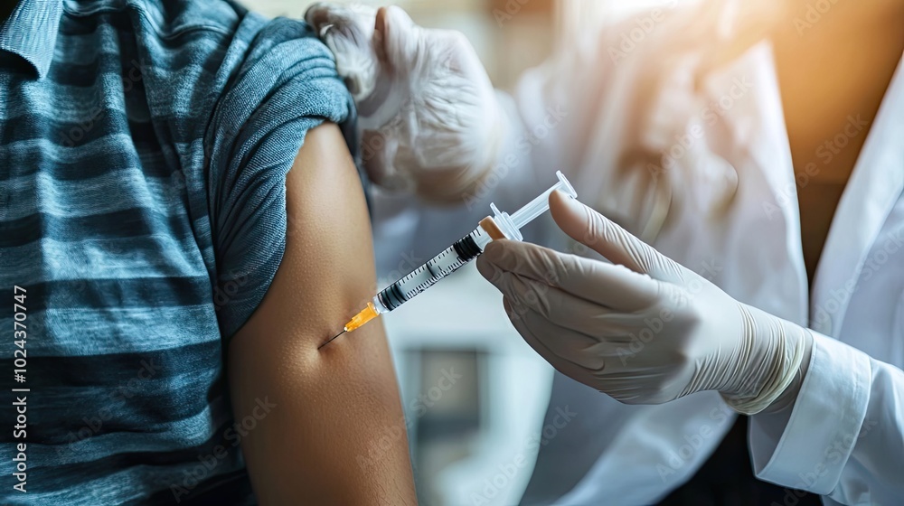 Close-up of a doctor injecting a patient's arm with a syringe Close-up of a doctor injecting a patient's arm with a syringe