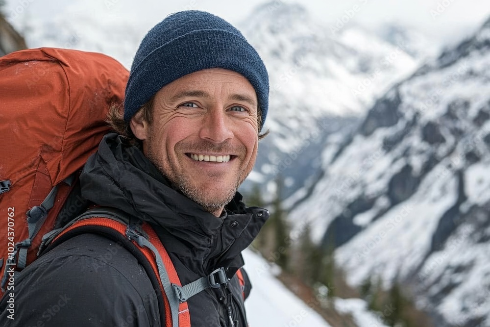 man, around his late thirties, with short brown hair, blue eyes, wearing a black winter jacket and a red backpack on his shoulder, laughing while climbing in snow-covered mountains in winter weather. man, around his late thirties, with short brown hair, blue eyes, wearing a black winter jacket and a red backpack on his shoulder, laughing while climbing in snow-covered mountains in winter weather.