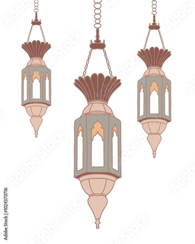 Arab islamic lantern or lamp silhouettes, ramadan or eid mubarak holiday illumination items. Isolated vector ornate symbols of light, joy and celebration. Decorative homes and street festive lamps set