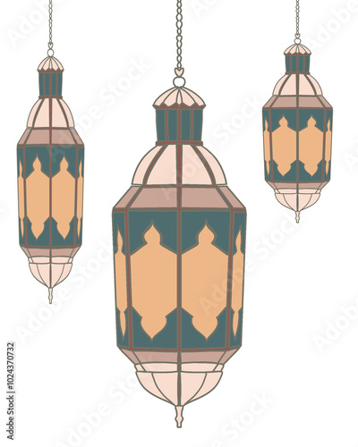 Arab islamic lantern or lamp silhouettes, ramadan or eid mubarak holiday illumination items. Isolated vector ornate symbols of light, joy and celebration. Decorative homes and street festive lamps set