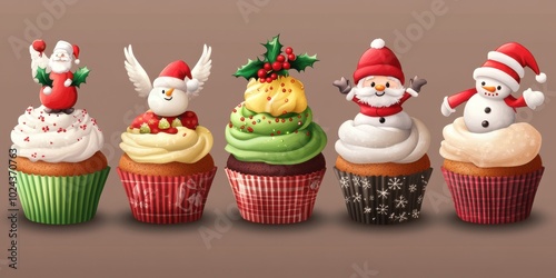 set of Christmas Xmas Cupcake muffin with icing frosting topping of angel, holly mistletoe