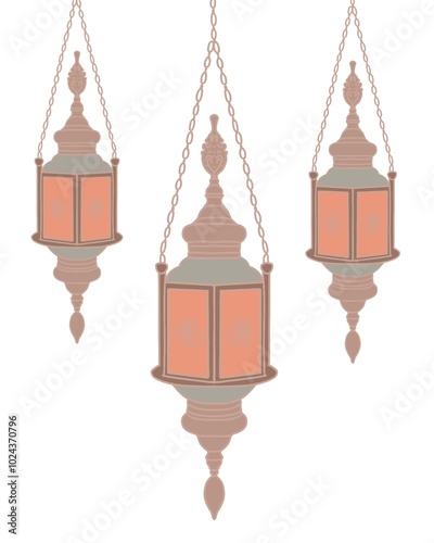 Arab islamic lantern or lamp silhouettes, ramadan or eid mubarak holiday illumination items. Isolated vector ornate symbols of light, joy and celebration. Decorative homes and street festive lamps set