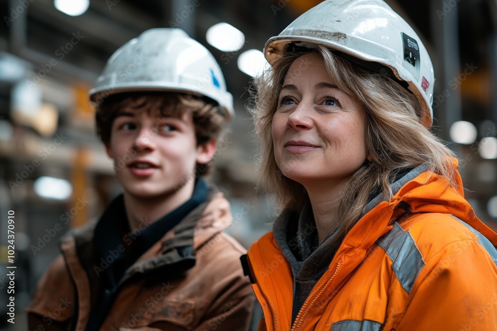 Fototapeta premium Woman and man wearing hard hats are standing next to each other. man and woman working together talking and smiling, they work in a factory, they have orange jackets, white helmets