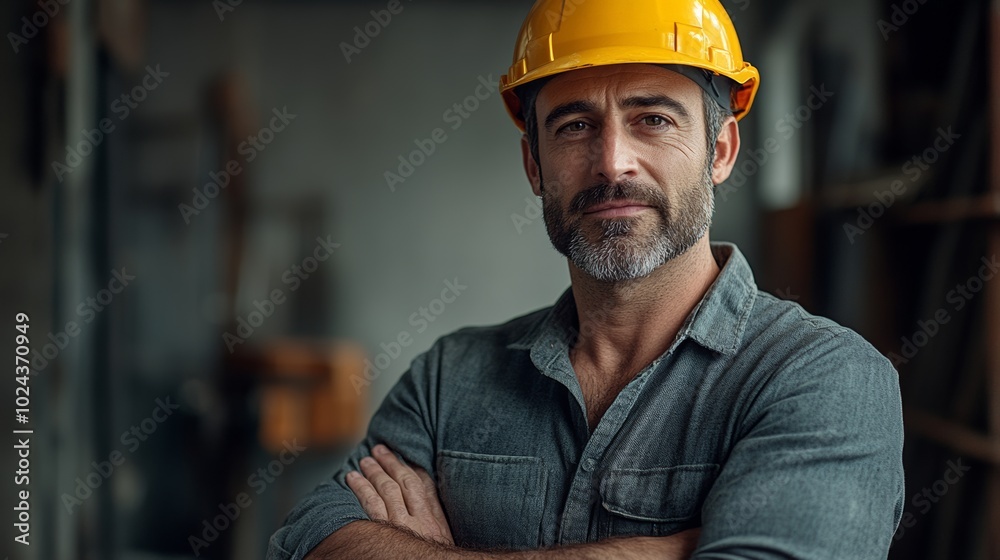 Man wearing yellow hard hat and a gray shirt is standing in a room. architect in an epic pose with crossed arms 3/4 wearing a grey shirt, an yellow construction helmet on a solid dark grey background Man wearing yellow hard hat and a gray shirt is standing in a room. architect in an epic pose with crossed arms 3/4 wearing a grey shirt, an yellow construction helmet on a solid dark grey background