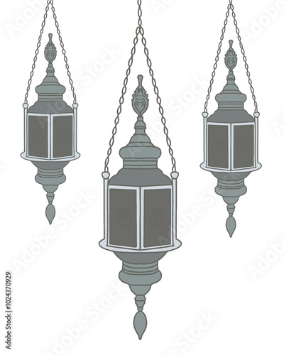 Arab islamic lantern or lamp silhouettes, ramadan or eid mubarak holiday illumination items. Isolated vector ornate symbols of light, joy and celebration. Decorative homes and street festive lamps set